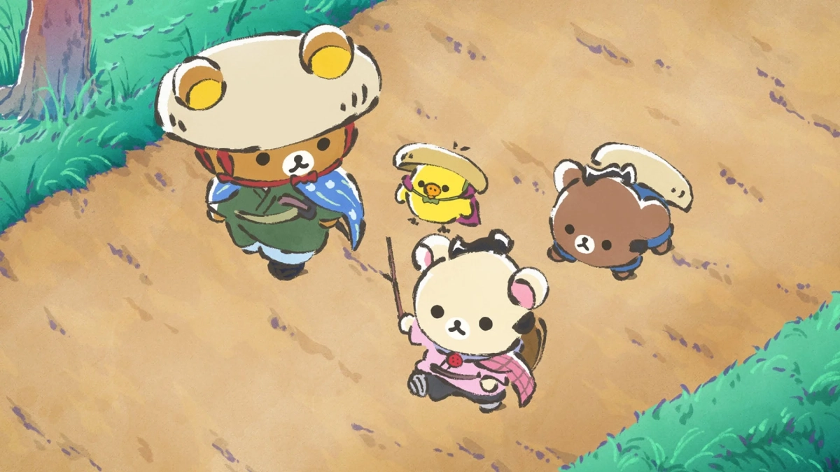 リラックマたちが冒険の衣装を身につけ、森の中の土の道を歩いている様子が描かれています。