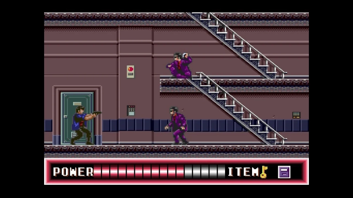 ビデオゲーム,ピクセルアート,アクションゲーム,レトロゲーム,プラットフォーマー,サイドスクロール,銃,敵,階段,建物,屋内,80年代,90年代,キャラクター