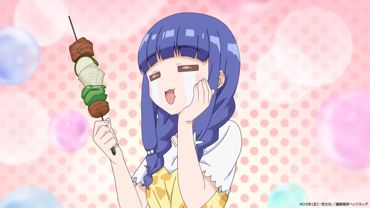 串焼きを食べる紫髪の少女