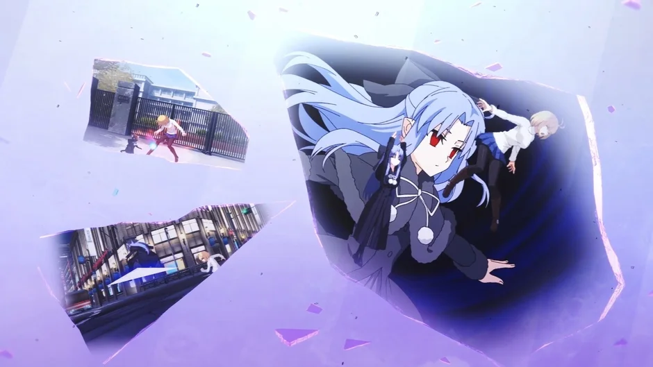 青い髪と赤い目のアニメ少女が中心に描かれ、その周囲には学校や夜の街など異なる世界の断片が浮かぶ